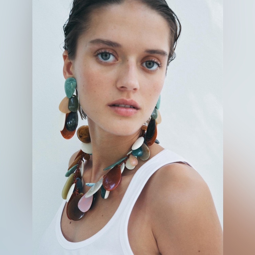 NWT. Zara Multicolor Long Metal Earrings with Colorful Resin Pieces. - Picture 3 of 6